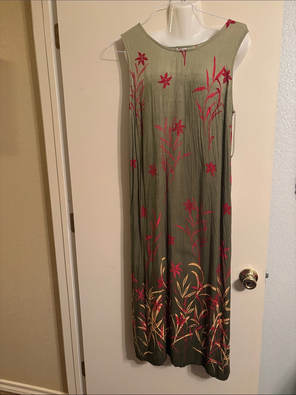 R&K Olive Maxi Dress with Pink Floral Accents and Cream Trim